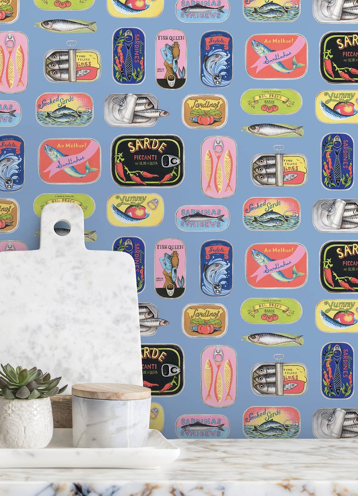 Blue Sardine Tins Peel & Stick Wallpaper with Modern Fish Graphics Pattern - Brewster RAS6268