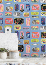 Blue Sardine Tins Peel & Stick Wallpaper with Modern Fish Graphics Pattern - Brewster RAS6268