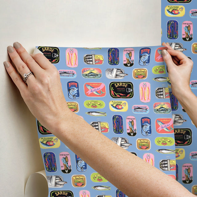 Blue Sardine Tins Peel & Stick Wallpaper with Modern Fish Graphics Pattern - Brewster RAS6268