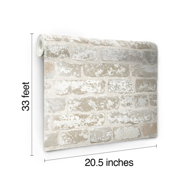 Up the Wall Off White & Grey Brick Pattern Prepasted Wallpaper - York RB4304
