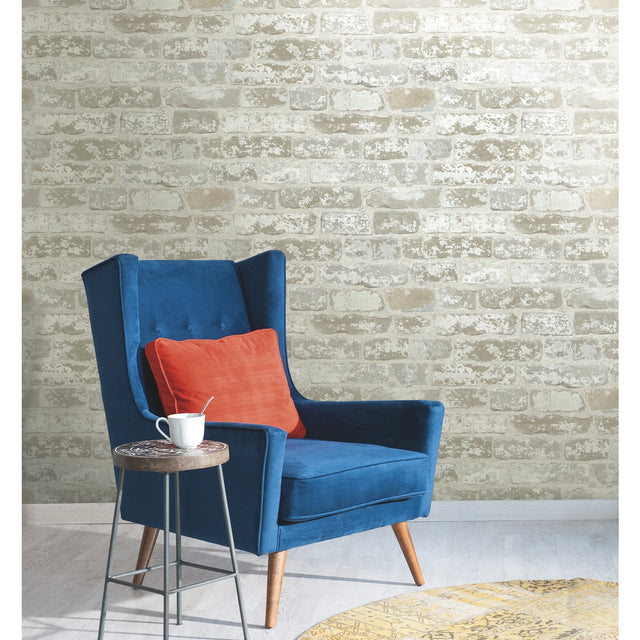 Up the Wall Off White & Grey Brick Pattern Prepasted Wallpaper - York RB4304