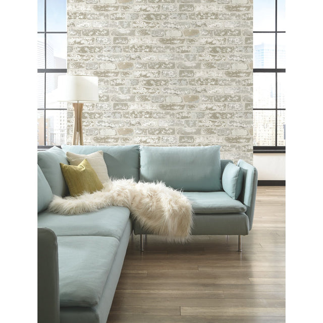 Up the Wall Off White & Grey Brick Pattern Prepasted Wallpaper - York RB4304