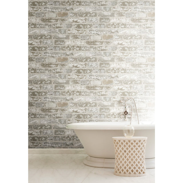 Up the Wall Off White & Grey Brick Pattern Prepasted Wallpaper - York RB4304