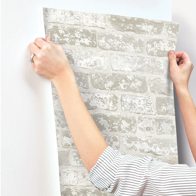 Up the Wall Off White & Grey Brick Pattern Prepasted Wallpaper - York RB4304
