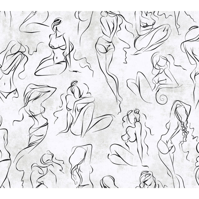 Barely There Black/White Pearl Wallpaper with Contemporary Figurative Line Art - York RB4323