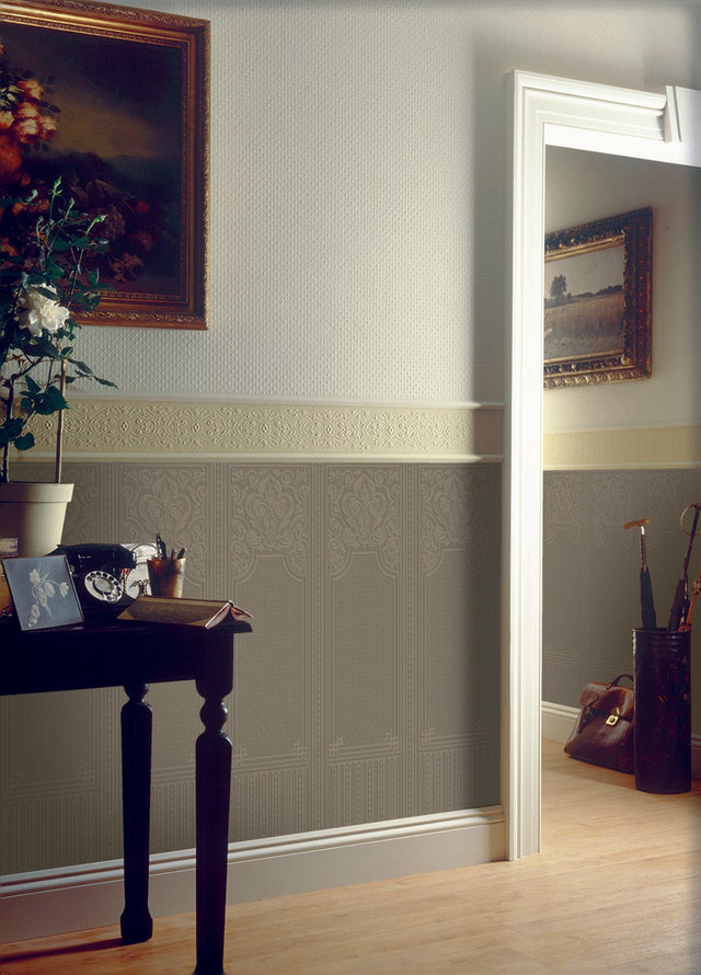 Oriental White Paintable Dado Wallpaper with Traditional Panel Motif - Brewster RD06700