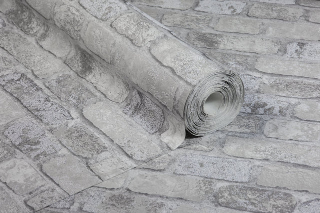 Princess Street Grey Brick Textured Wallpaper with Farmhouse Faux Stone Pattern - Brewster RD411