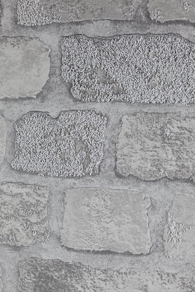 Princess Street Grey Brick Textured Wallpaper with Farmhouse Faux Stone Pattern - Brewster RD411