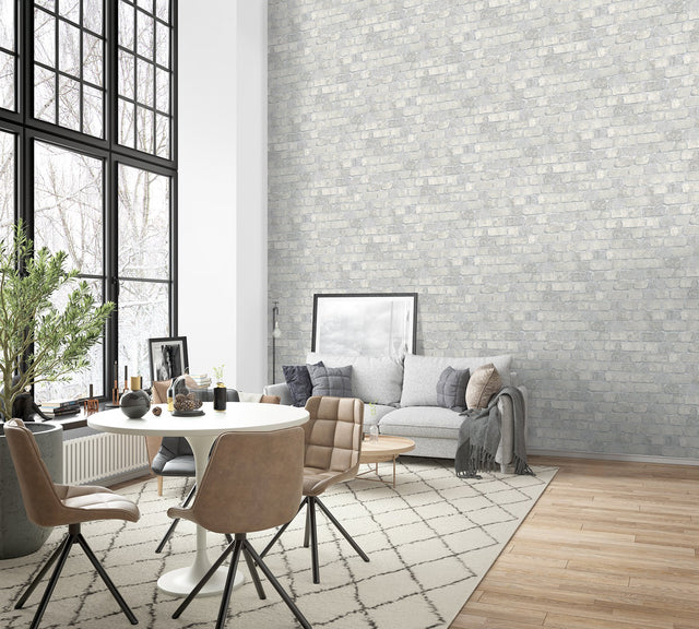 Princess Street Grey Brick Textured Wallpaper with Farmhouse Faux Stone Pattern - Brewster RD411