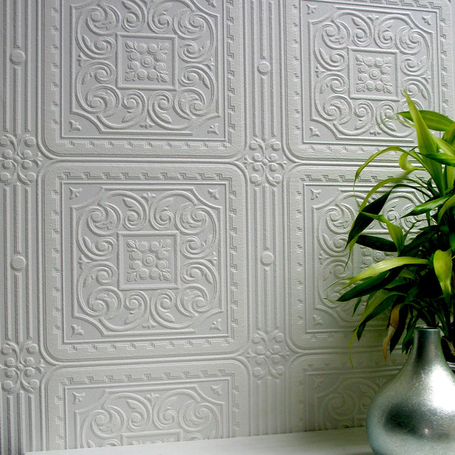 Turner Tile White Paintable Textured Vinyl Wallpaper