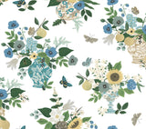 Flower Studies Blue Wallpaper with Whimsical Floral Vase Motif - York RF7401