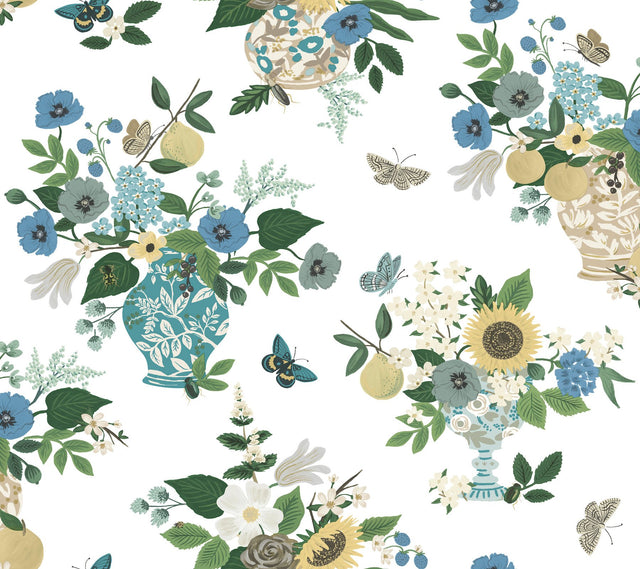Flower Studies Blue Wallpaper with Whimsical Floral Vase Motif - York RF7401