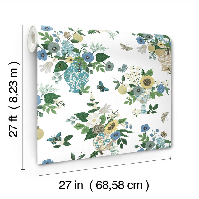 Flower Studies Blue Wallpaper with Whimsical Floral Vase Motif - York RF7401