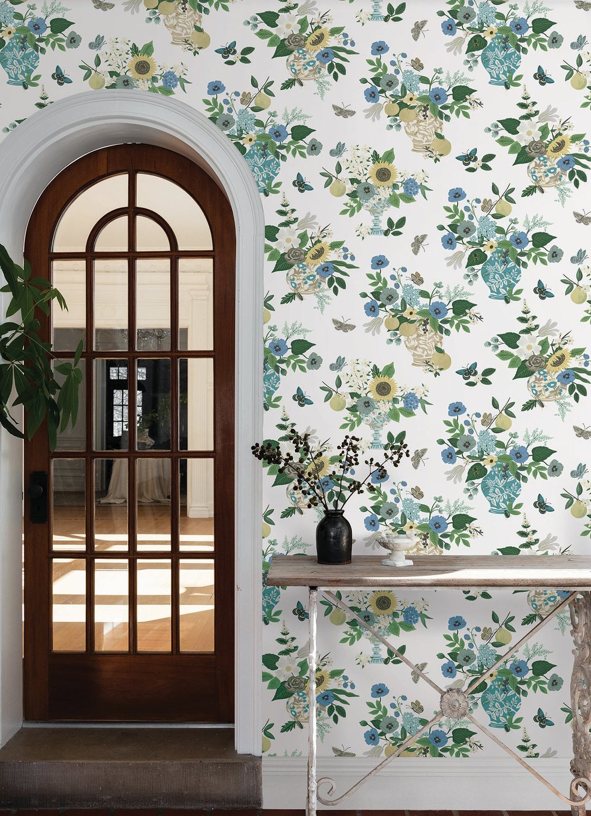 Flower Studies Blue Wallpaper with Whimsical Floral Vase Motif - York RF7401