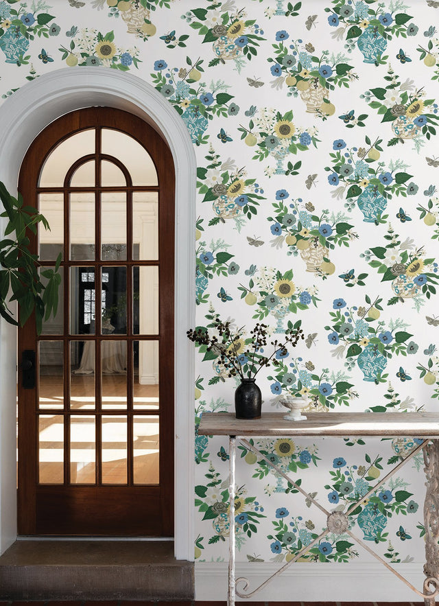 Flower Studies Blue Wallpaper with Whimsical Floral Vase Motif - York RF7401