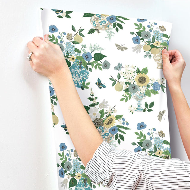 Flower Studies Blue Wallpaper with Whimsical Floral Vase Motif - York RF7401