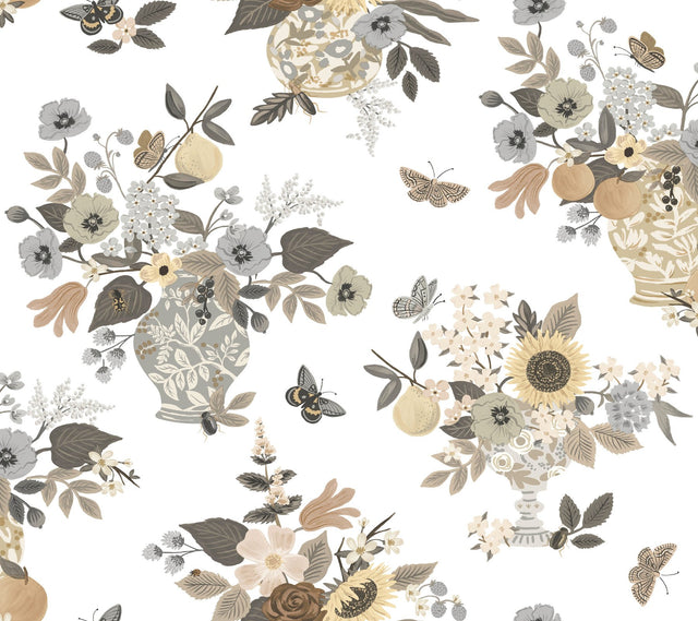 Flower Studies Linen Wallpaper with Whimsical Floral & Butterfly Motif - York RF7403