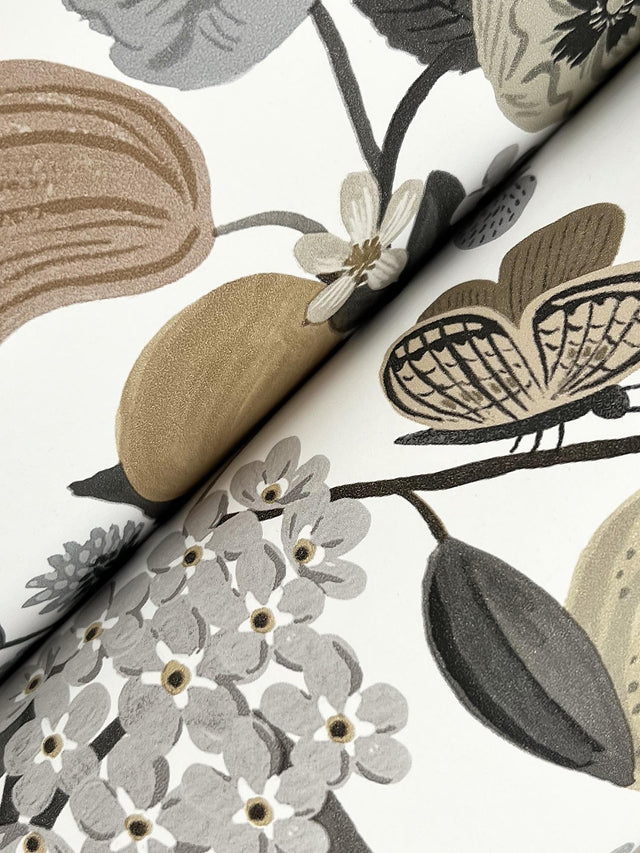 Flower Studies Linen Wallpaper with Whimsical Floral & Butterfly Motif - York RF7403
