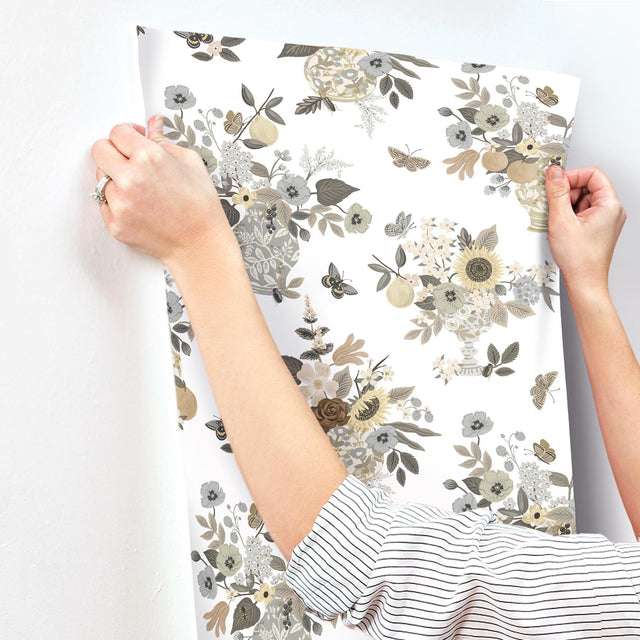 Flower Studies Linen Wallpaper with Whimsical Floral & Butterfly Motif - York RF7403