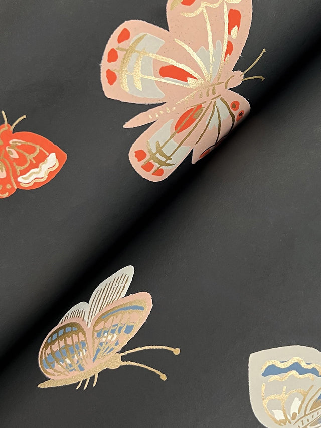 Butterfly House Black Wallpaper with Metallic Whimsical Butterfly Pattern - York RF7413