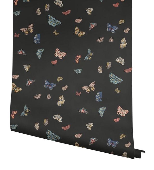 Butterfly House Black Wallpaper with Metallic Whimsical Butterfly Pattern - York RF7413