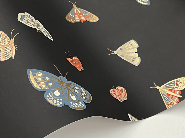 Butterfly House Black Wallpaper with Metallic Whimsical Butterfly Pattern - York RF7413