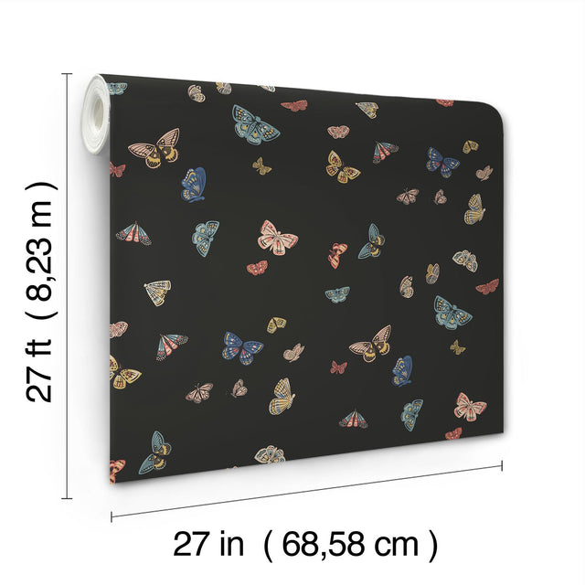 Butterfly House Black Wallpaper with Metallic Whimsical Butterfly Pattern - York RF7413