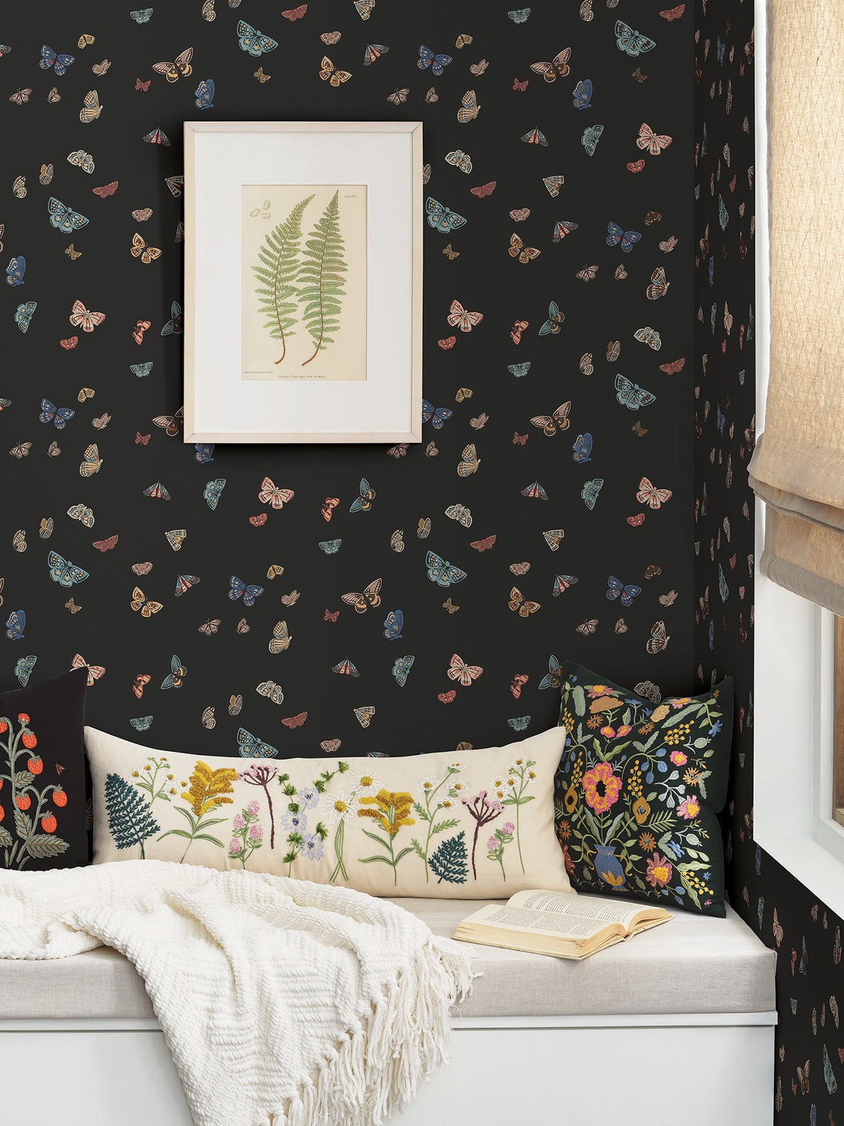 Butterfly House Black Wallpaper with Metallic Whimsical Butterfly Pattern - York RF7413