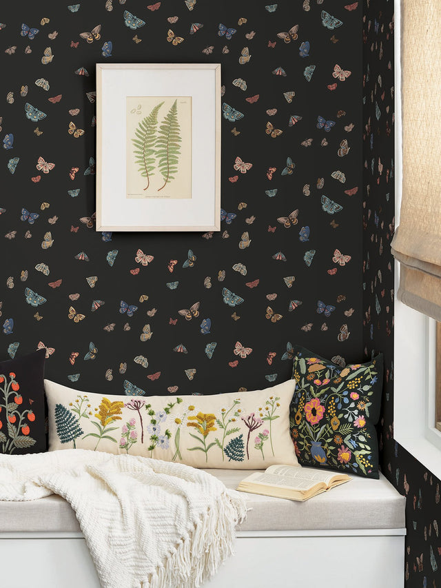 Butterfly House Black Wallpaper with Metallic Whimsical Butterfly Pattern - York RF7413