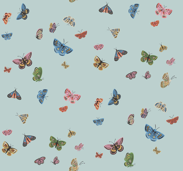 Butterfly House Light Blue Wallpaper with Metallic Whimsical Butterfly Pattern - York RF7414