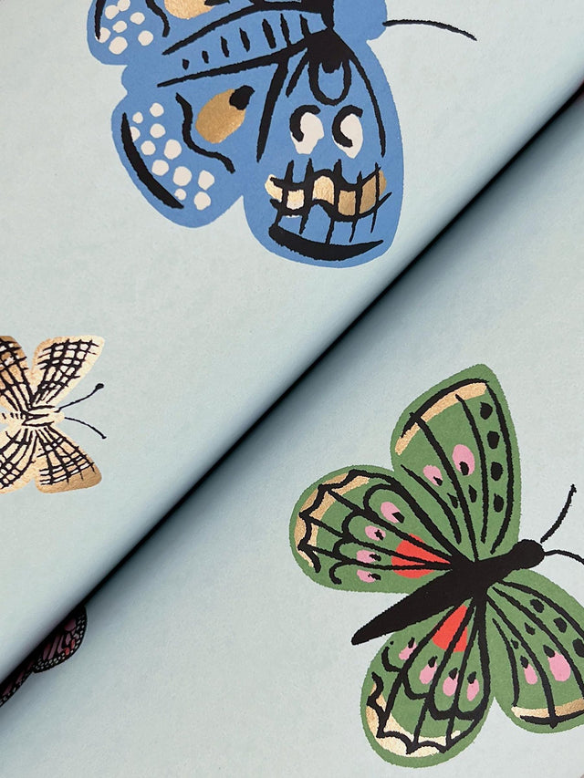 Butterfly House Light Blue Wallpaper with Metallic Whimsical Butterfly Pattern - York RF7414