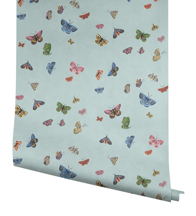 Butterfly House Light Blue Wallpaper with Metallic Whimsical Butterfly Pattern - York RF7414