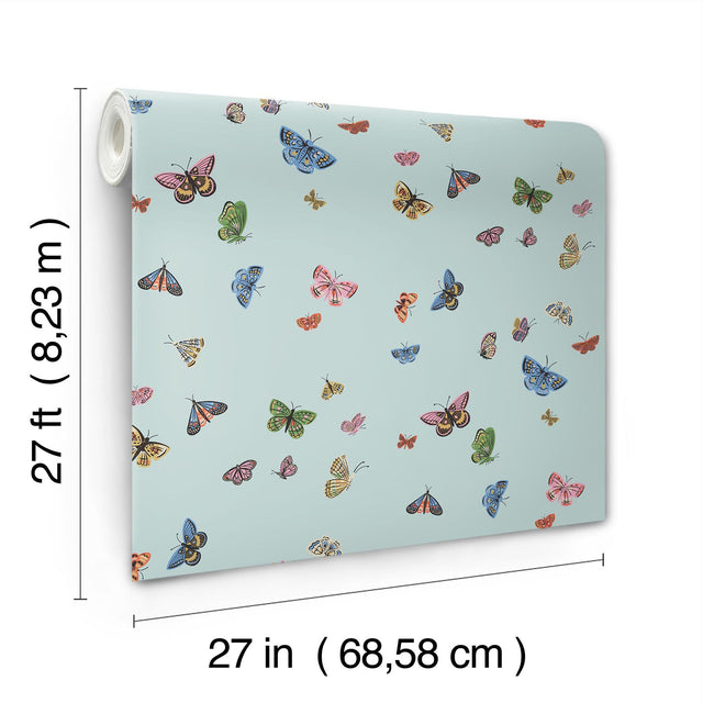 Butterfly House Light Blue Wallpaper with Metallic Whimsical Butterfly Pattern - York RF7414