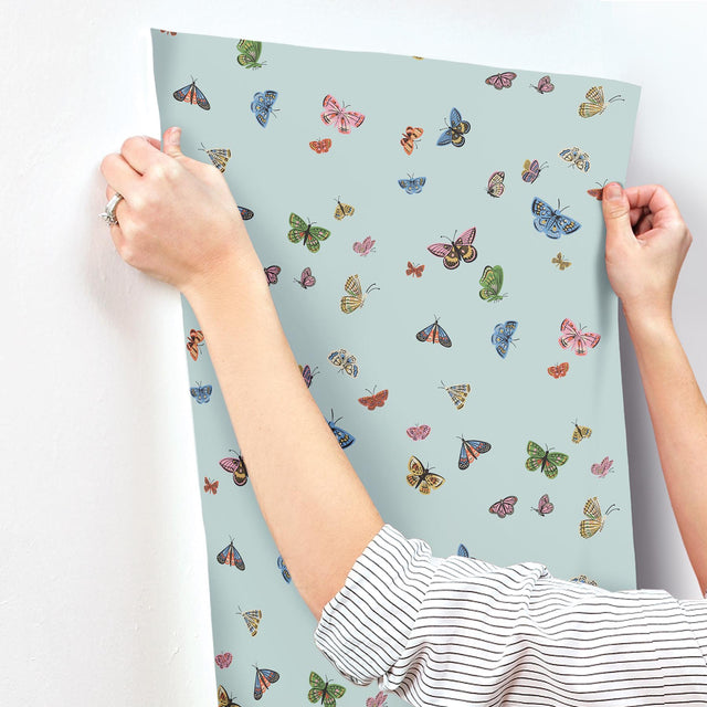 Butterfly House Light Blue Wallpaper with Metallic Whimsical Butterfly Pattern - York RF7414