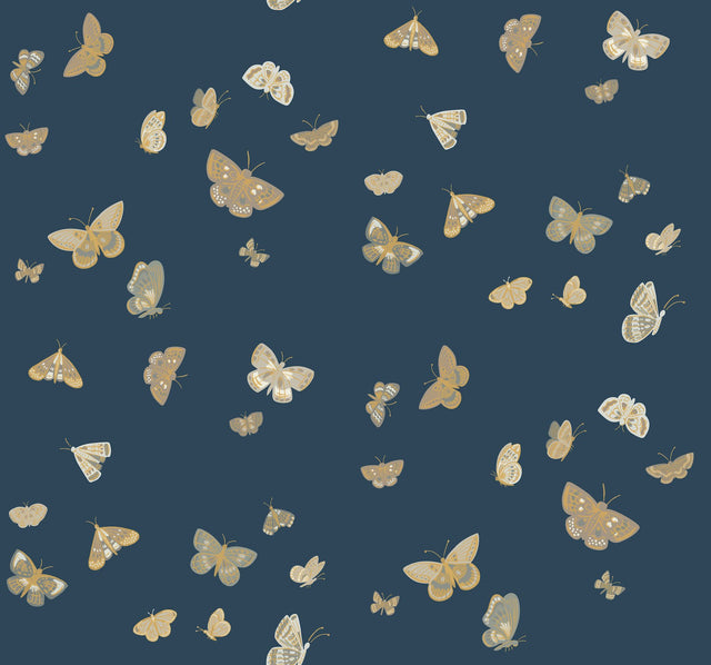 Butterfly House Navy Wallpaper with Metallic Whimsical Butterfly Motif - York RF7415