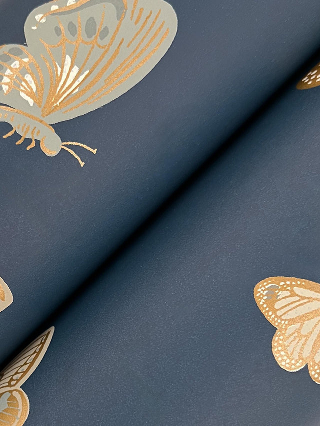 Butterfly House Navy Wallpaper with Metallic Whimsical Butterfly Motif - York RF7415