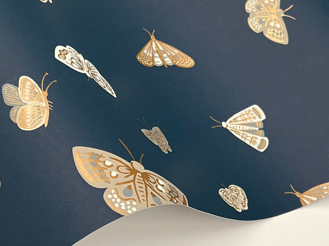 Butterfly House Navy Wallpaper with Metallic Whimsical Butterfly Motif - York RF7415