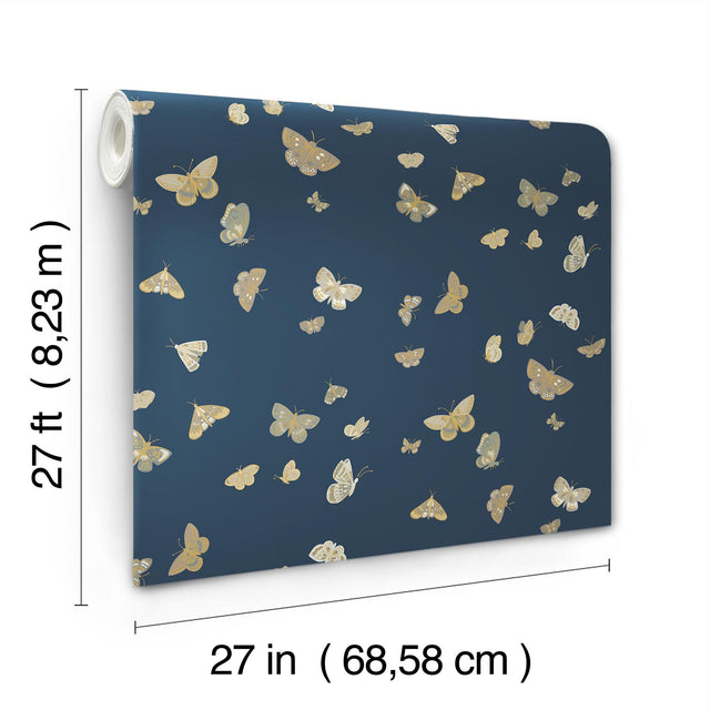 Butterfly House Navy Wallpaper with Metallic Whimsical Butterfly Motif - York RF7415