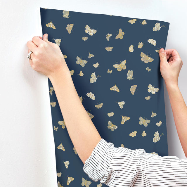 Butterfly House Navy Wallpaper with Metallic Whimsical Butterfly Motif - York RF7415