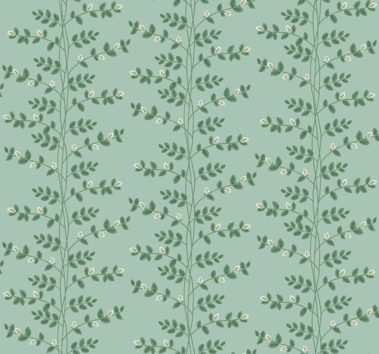 Climbing Vine Soft Teal Wallpaper with Metallic Botanical Stripe - York RF7421