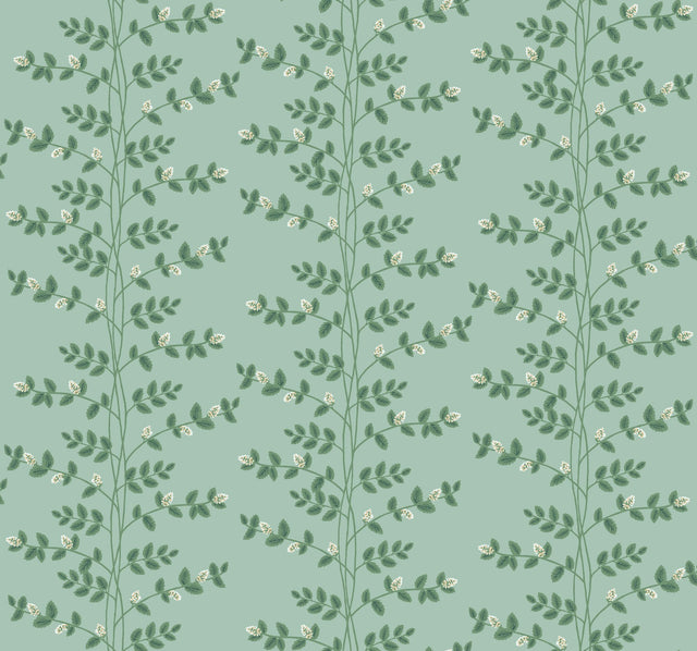 Climbing Vine Soft Teal Wallpaper with Metallic Botanical Stripe - York RF7421