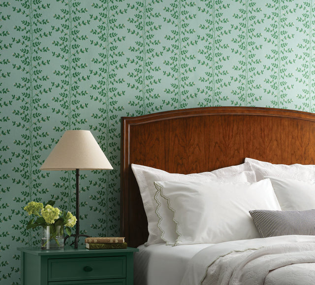 Climbing Vine Soft Teal Wallpaper with Metallic Botanical Stripe - York RF7421