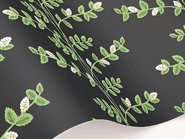 Climbing Vine Black Wallpaper with Botanical Vertical Stripe, Metallic Accents - York RF7422