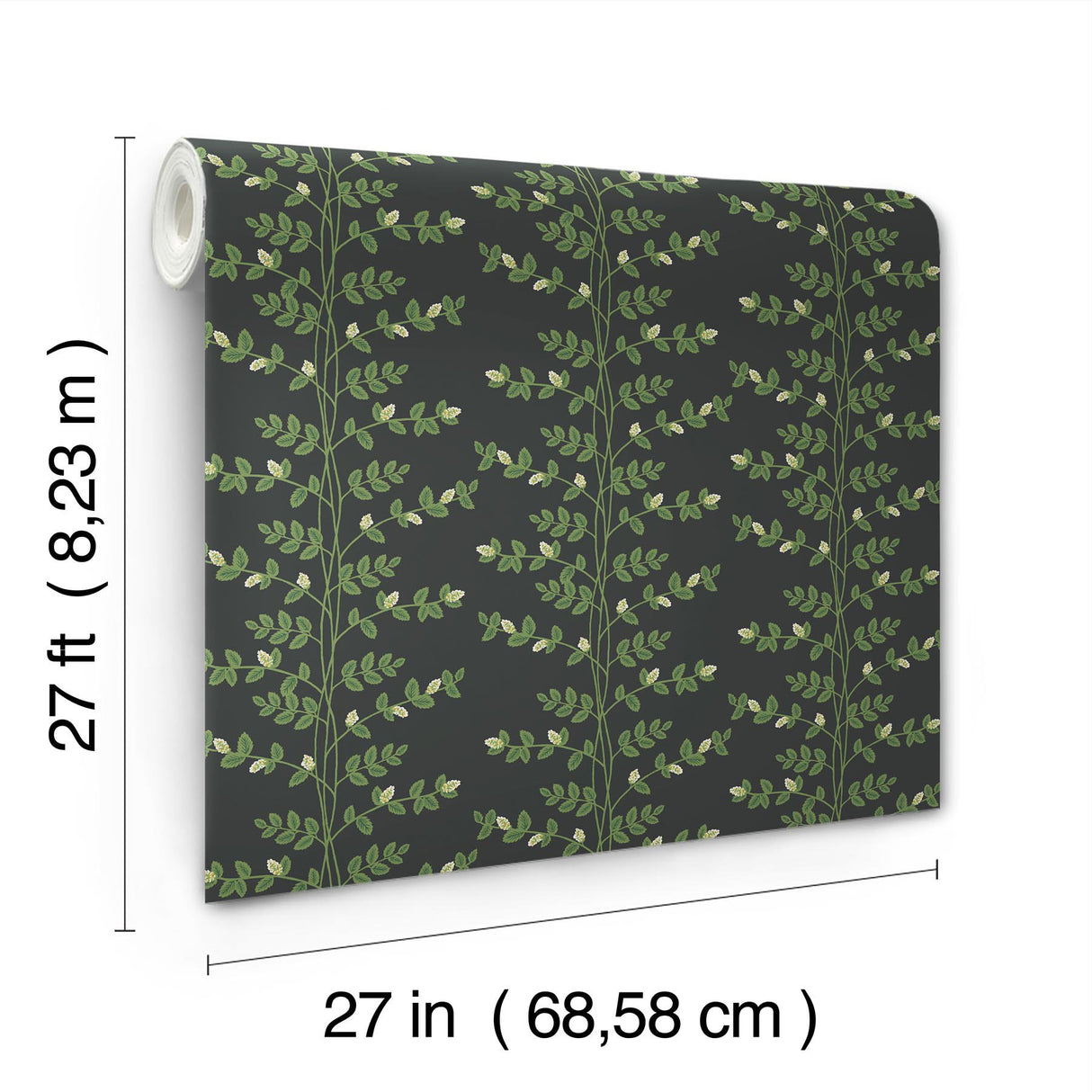 Climbing Vine Black Wallpaper with Botanical Vertical Stripe, Metallic Accents - York RF7422