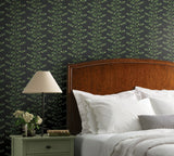 Climbing Vine Black Wallpaper with Botanical Vertical Stripe, Metallic Accents - York RF7422