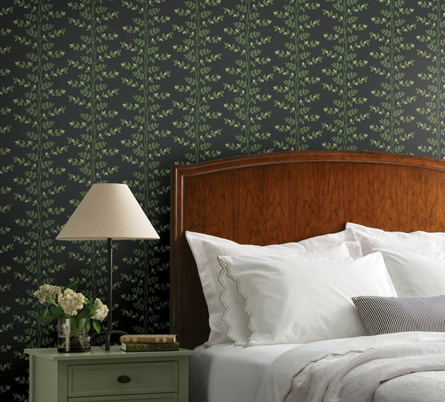 Climbing Vine Black Wallpaper with Botanical Vertical Stripe, Metallic Accents - York RF7422