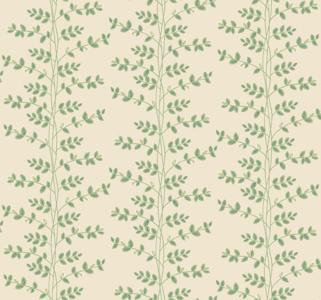 Climbing Vine Linen Green Metallic Wallpaper with Botanical Whimsical Pattern - York RF7423
