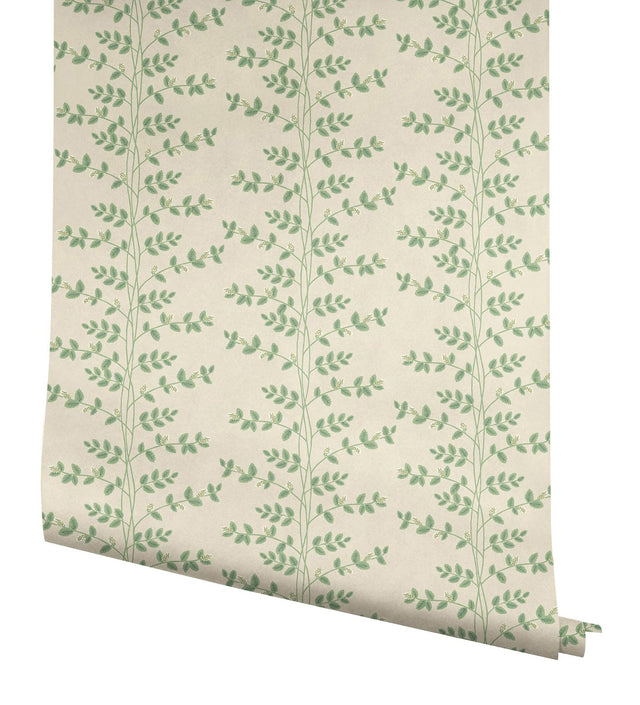 Climbing Vine Linen Green Metallic Wallpaper with Botanical Whimsical Pattern - York RF7423