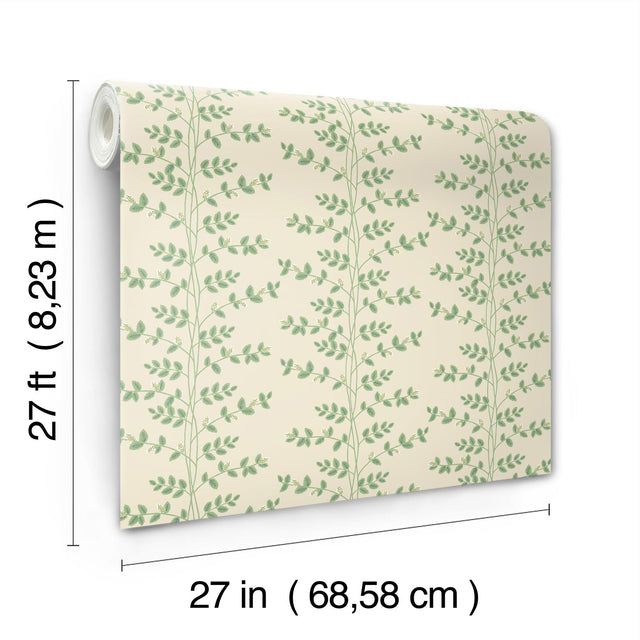 Climbing Vine Linen Green Metallic Wallpaper with Botanical Whimsical Pattern - York RF7423