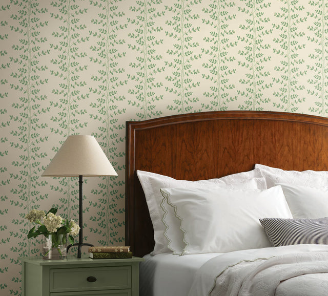 Climbing Vine Linen Green Metallic Wallpaper with Botanical Whimsical Pattern - York RF7423